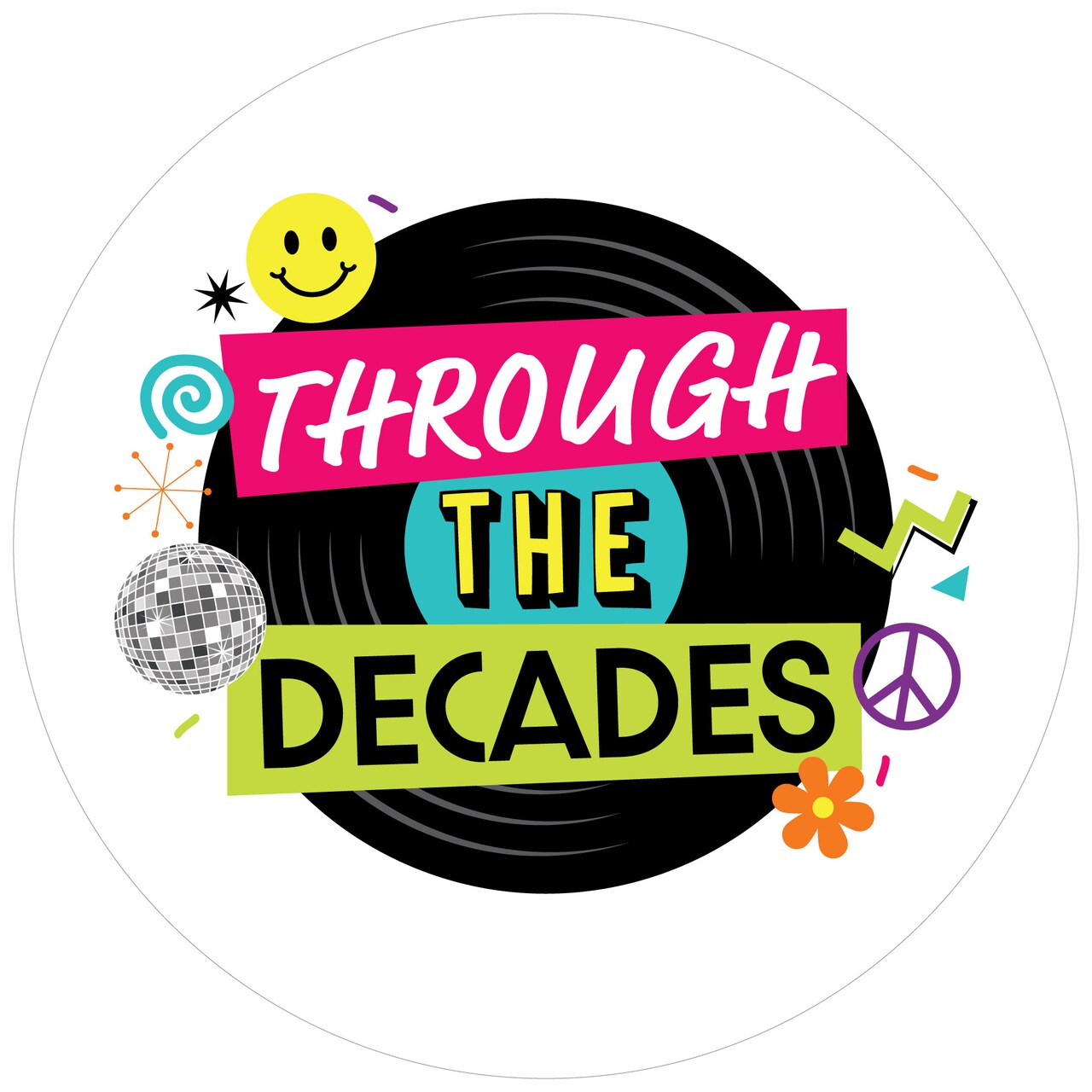 Big Dot of Happiness Through the Decades - 50s, 60s, 70s, 80s, and 90s Party Circle Sticker Labels - 24 Count
